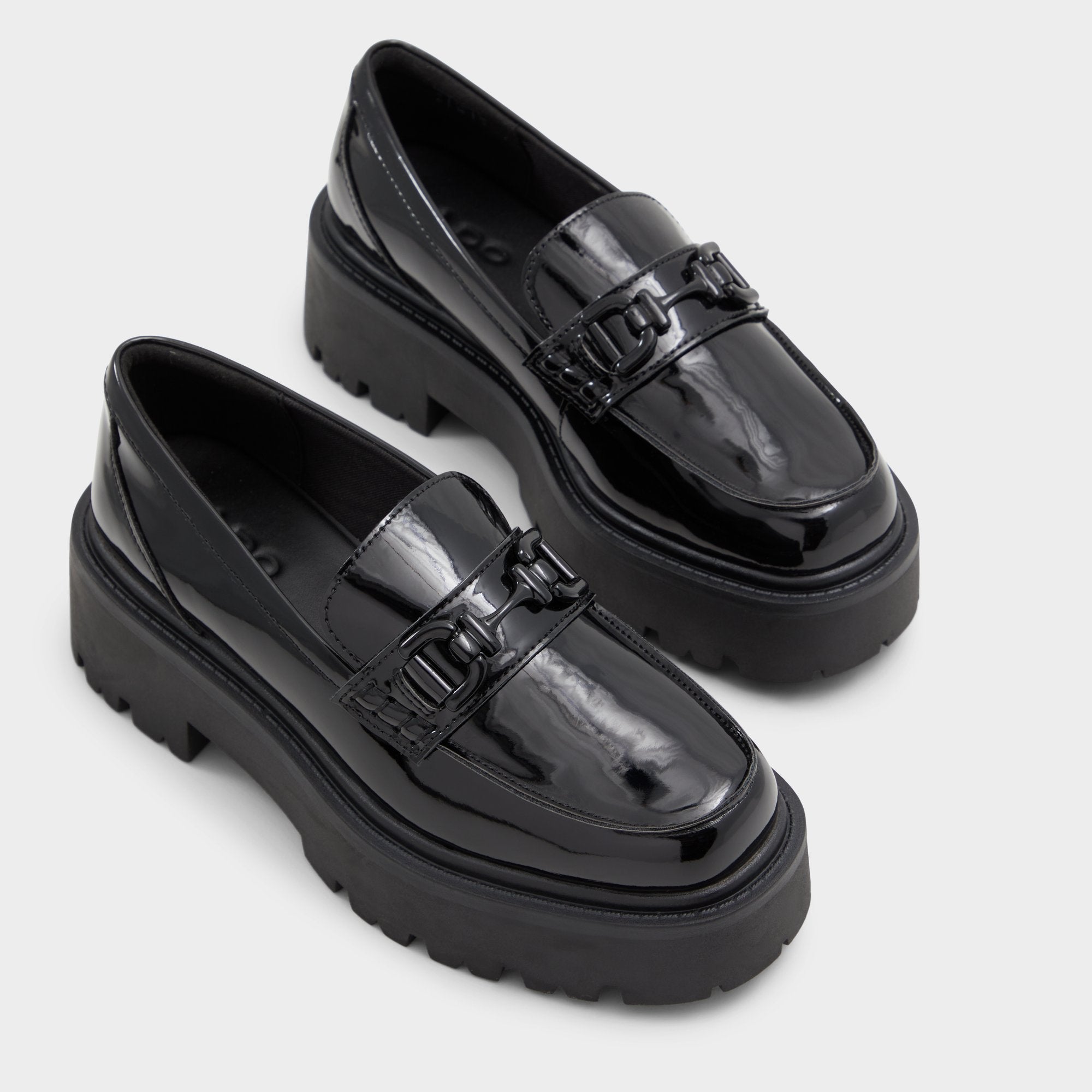 Black Oneameth Black Synthetic Patent Women's Loafers & Oxfords - Loafer, Lug sole | Aldo