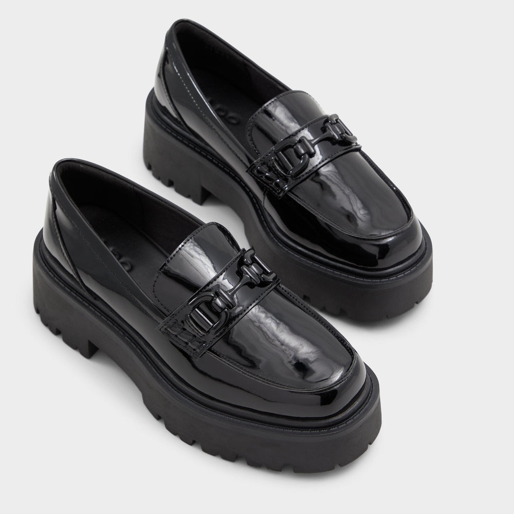 Black Oneameth Black Synthetic Patent Women's Loafers & Oxfords - Loafer, Lug sole | Aldo